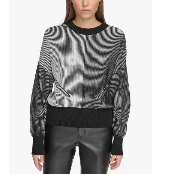 Womens DKNY Jeans Crewneck Transfer Ribbed Sweater Size Med L 3X Black Ivory NWT - Picture 1 of 5
